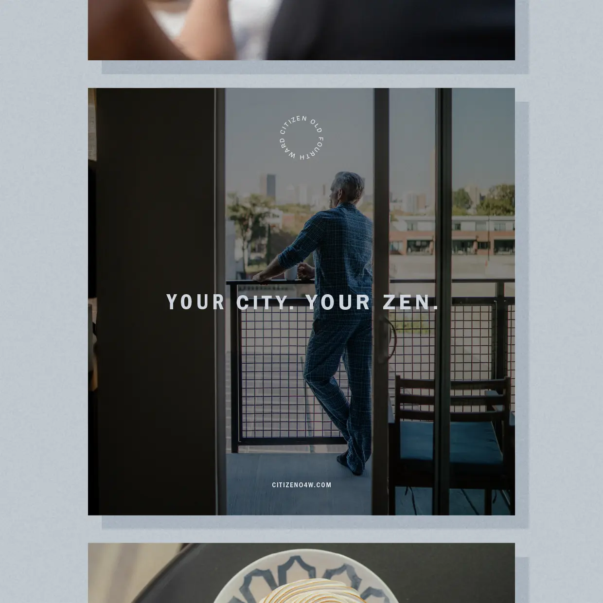 Citizen brochure pages on a pale blue background; the center page shows a man at a balcony railing above the city with the line Your city. Your zen.