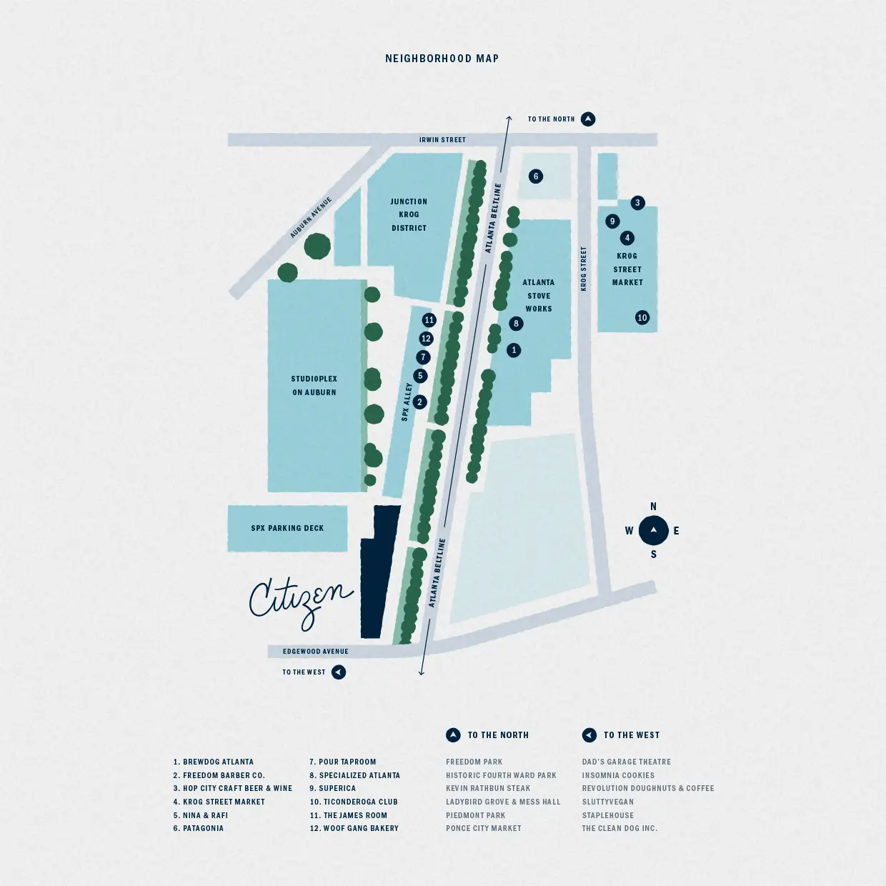 Illustrated Citizen neighborhood map along the Atlanta Beltline, marking Krog Street Market, Atlanta Stove Works and Studioplex on Auburn, with a numbered list of nearby shops and restaurants.