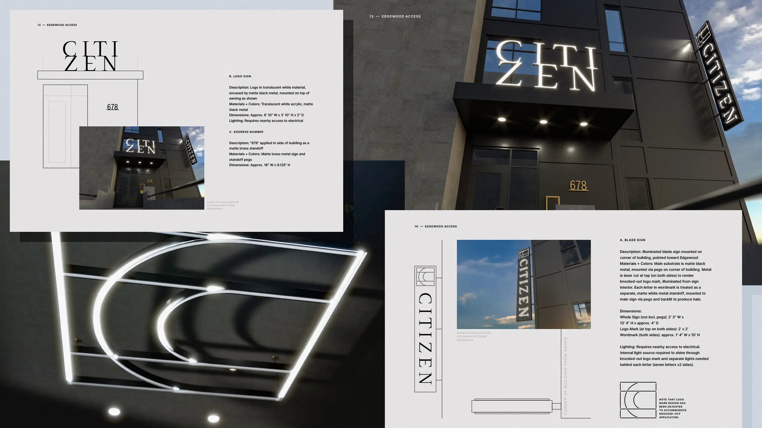 Citizen signage handbook spreads with an illuminated Citizen sign over the building entrance, a vertical blade sign and a glowing C logo mark.