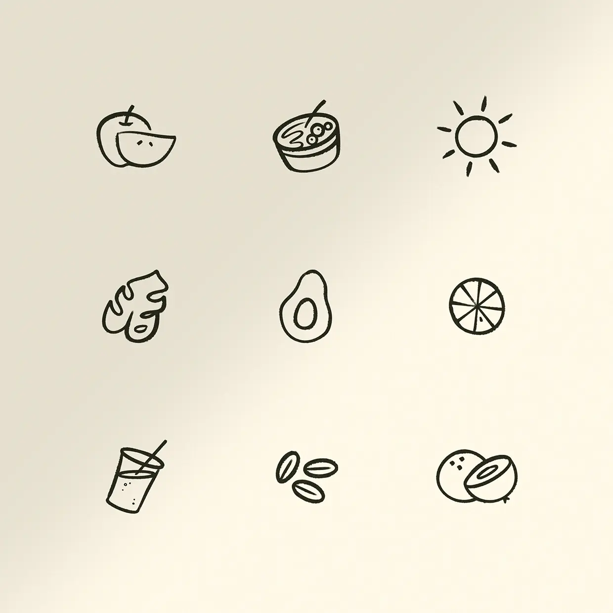 Nine hand-drawn Eden icons on a cream background: an apple, a bowl, the sun, a leaf, an avocado, a citrus slice, a drink with a straw, seeds and a coconut.
