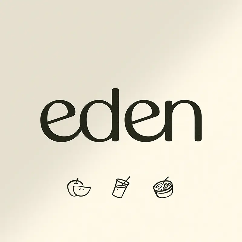 Eden wordmark above three hand-drawn icons of an apple, a drink with a straw and a bowl, on a cream background.