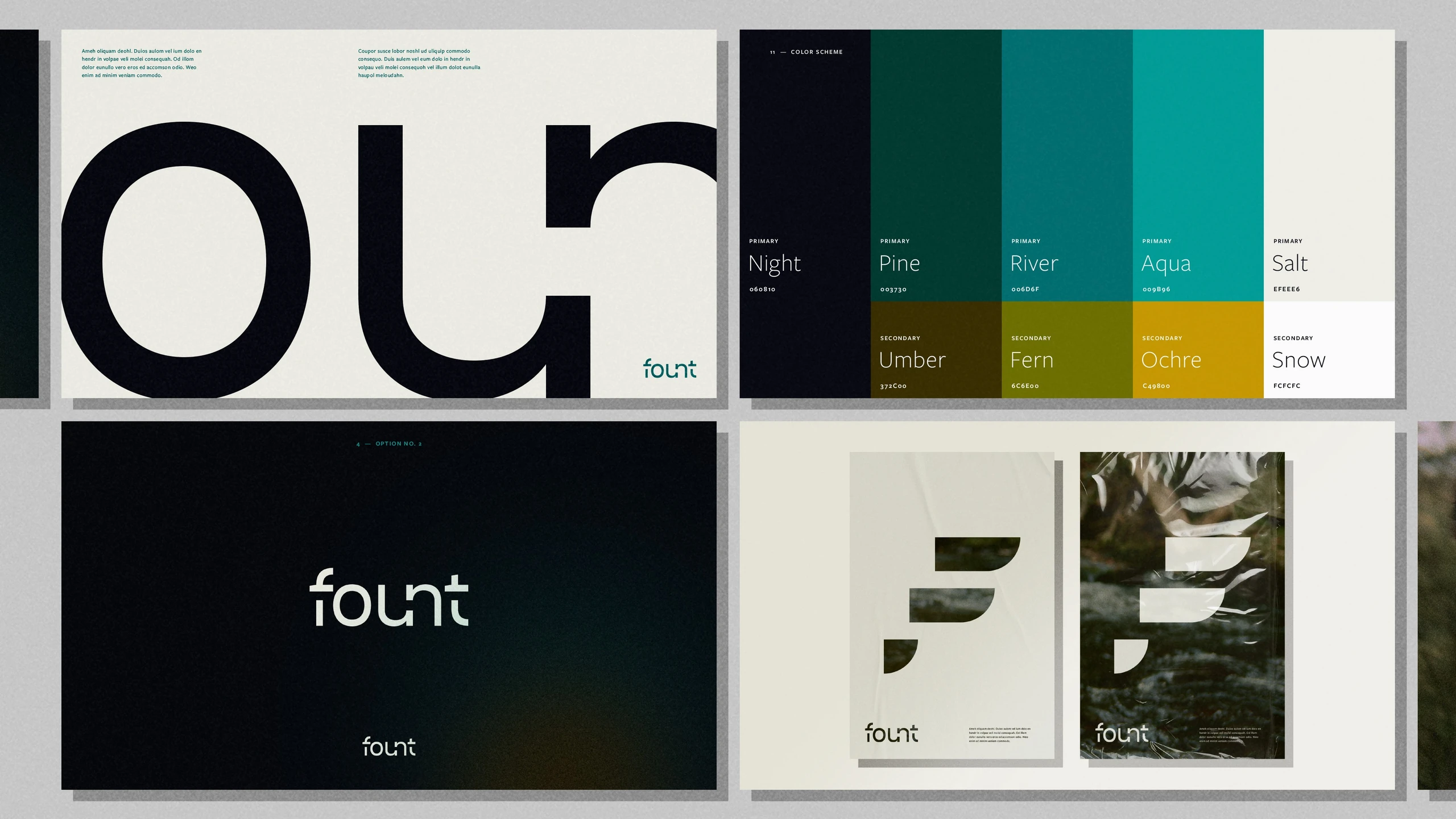 Fount brand identity spreads: an oversized wordmark detail, a color palette from night and pine to ochre and snow, the wordmark on a dark background and two posters with the F mark.
